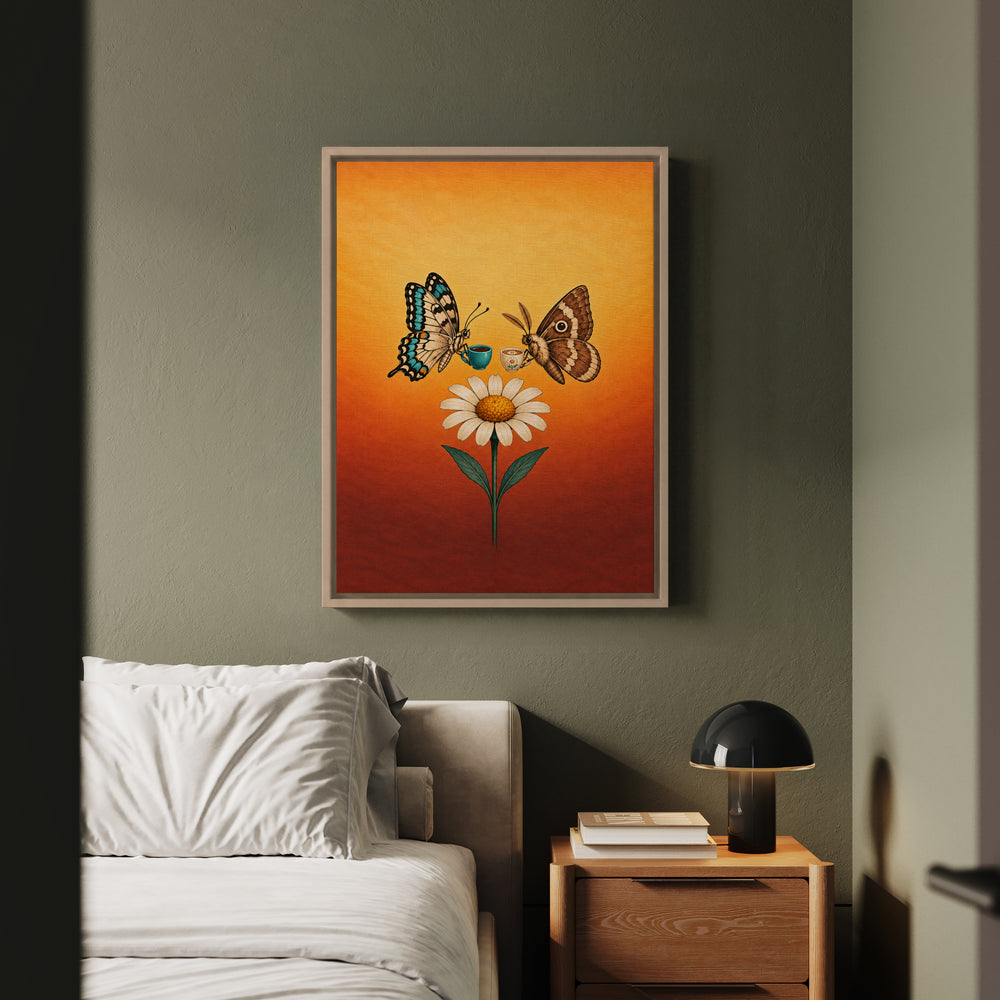 Garden Shift Change – Butterfly Wall Art with a Dusk Handover at a Flower – Framed Canvas Wall Art