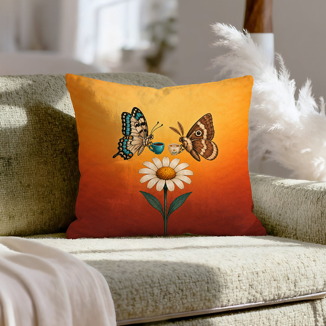Garden Shift Change – Butterfly Decor with a Dusk Handover at a Flower – Pillow Cover