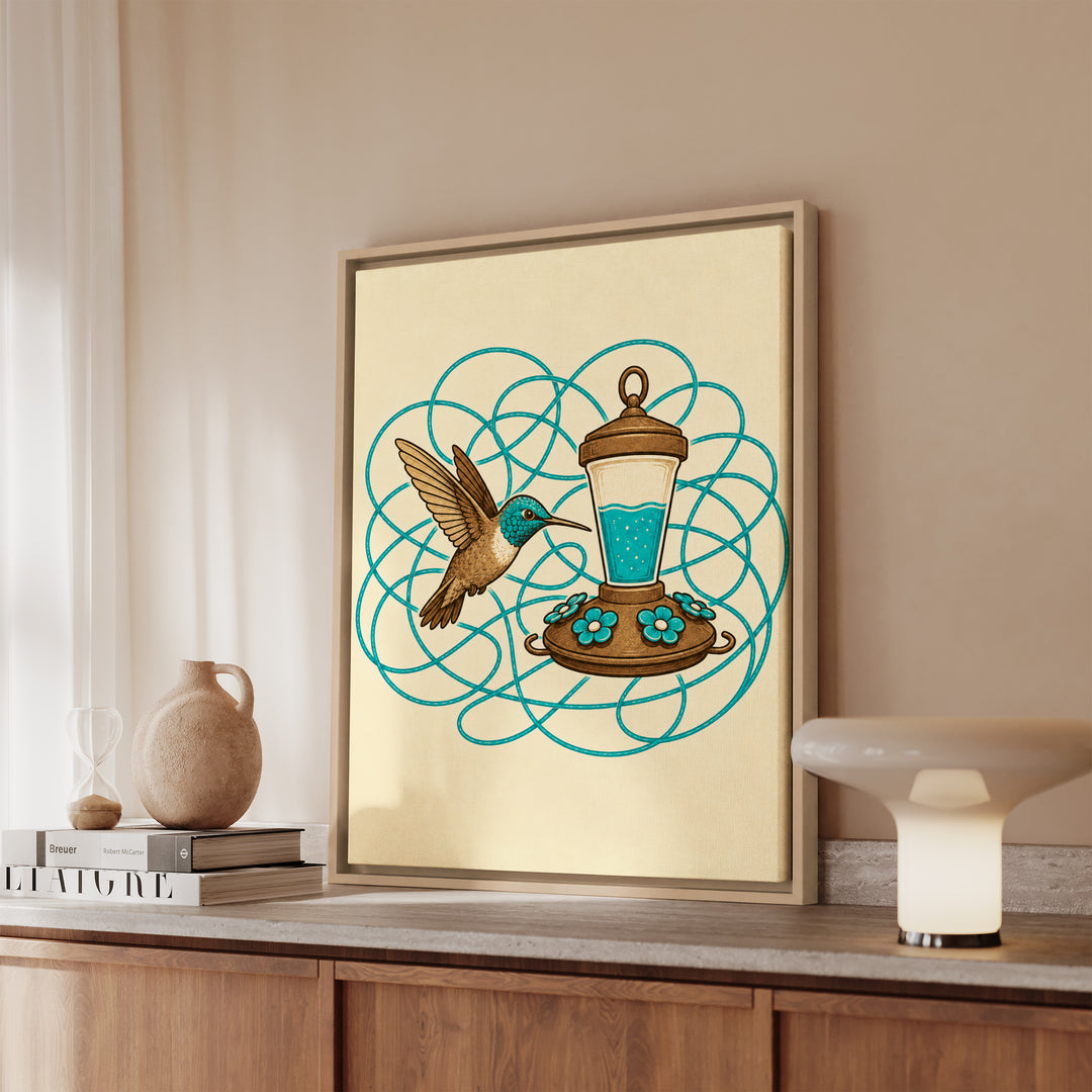 Sugar Rush – Hummingbird Art with a Glowing Flight Path – Framed Canvas Wall Art