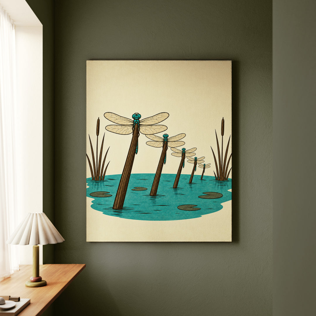 Dragonfly Airfield – Dragonfly Art with a Reed Stem Runway Lineup – Canvas Wall Art