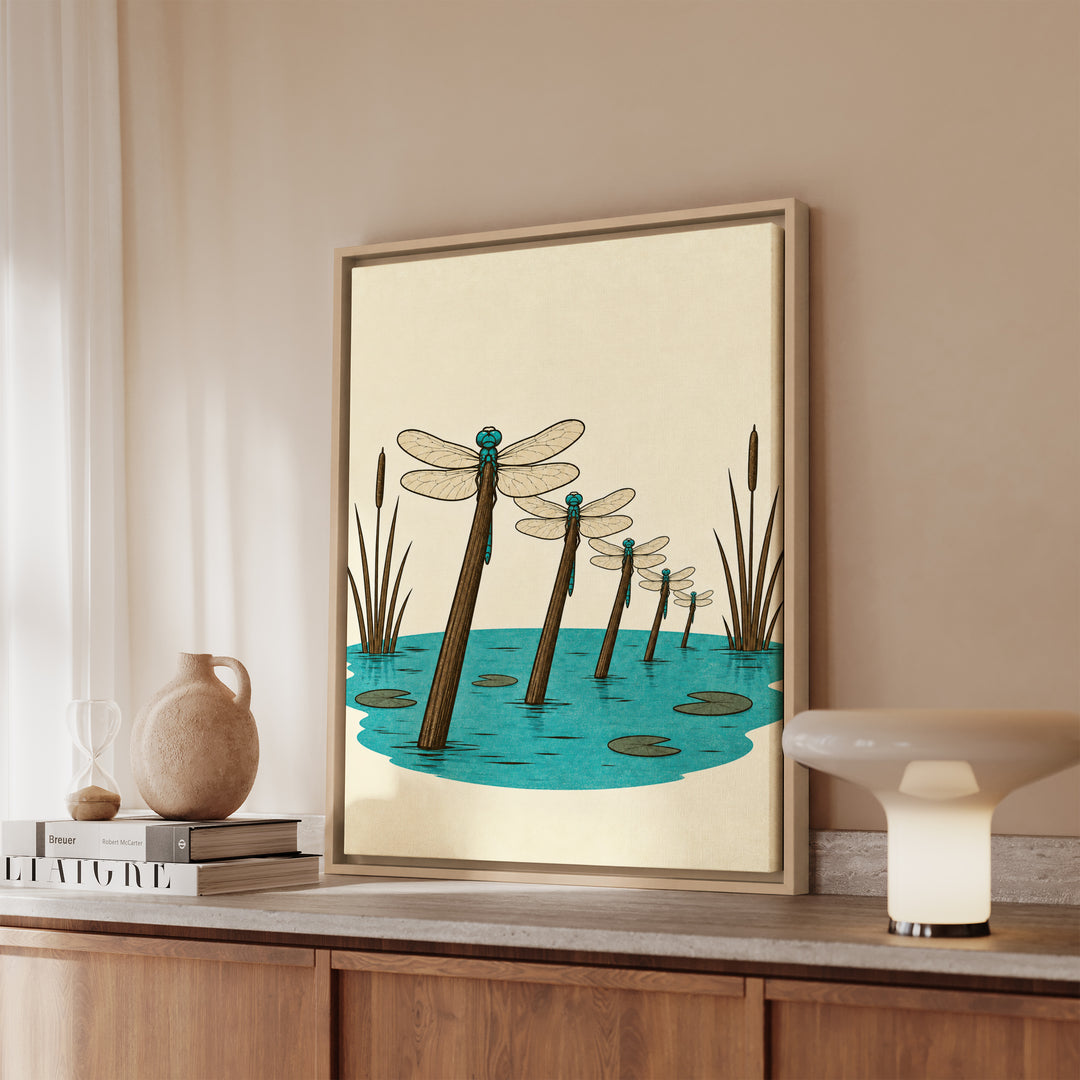 Dragonfly Airfield – Dragonfly Art with a Reed Stem Runway Lineup – Framed Canvas Wall Art