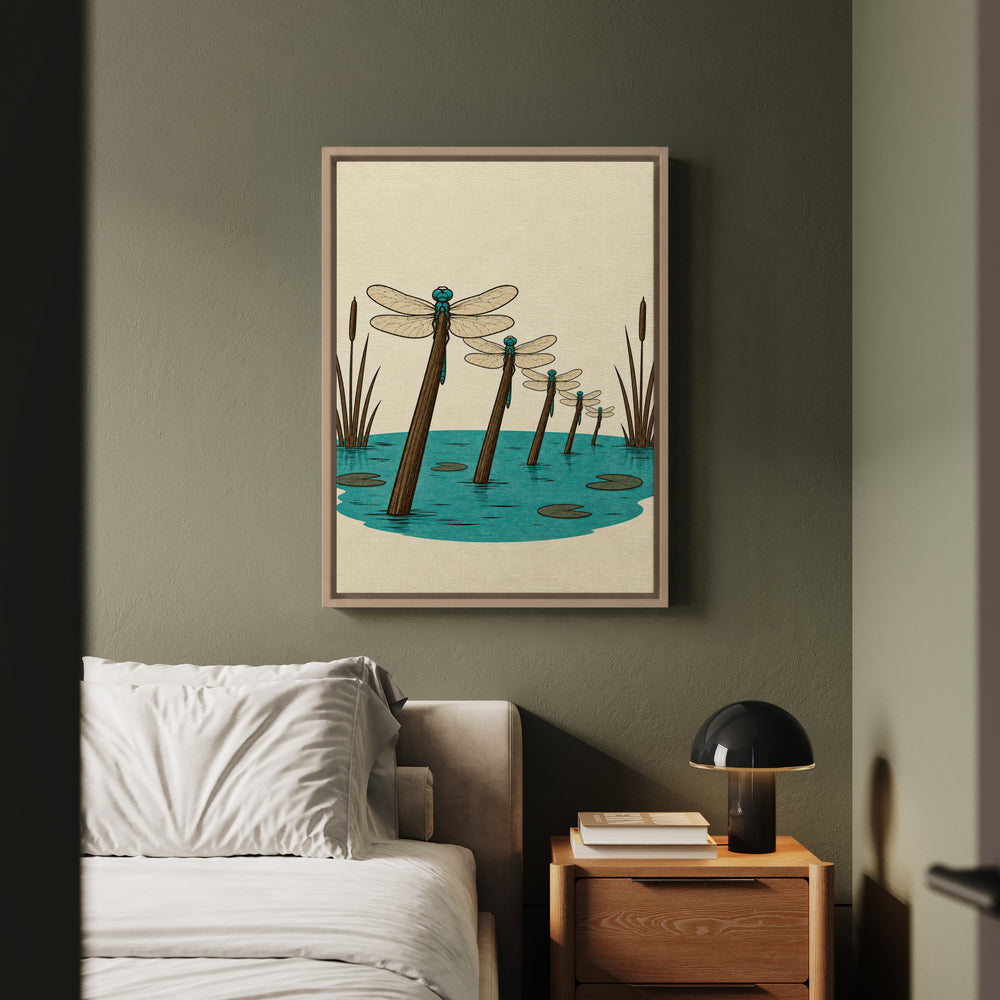 Dragonfly Airfield – Dragonfly Art with a Reed Stem Runway Lineup – Framed Canvas Wall Art