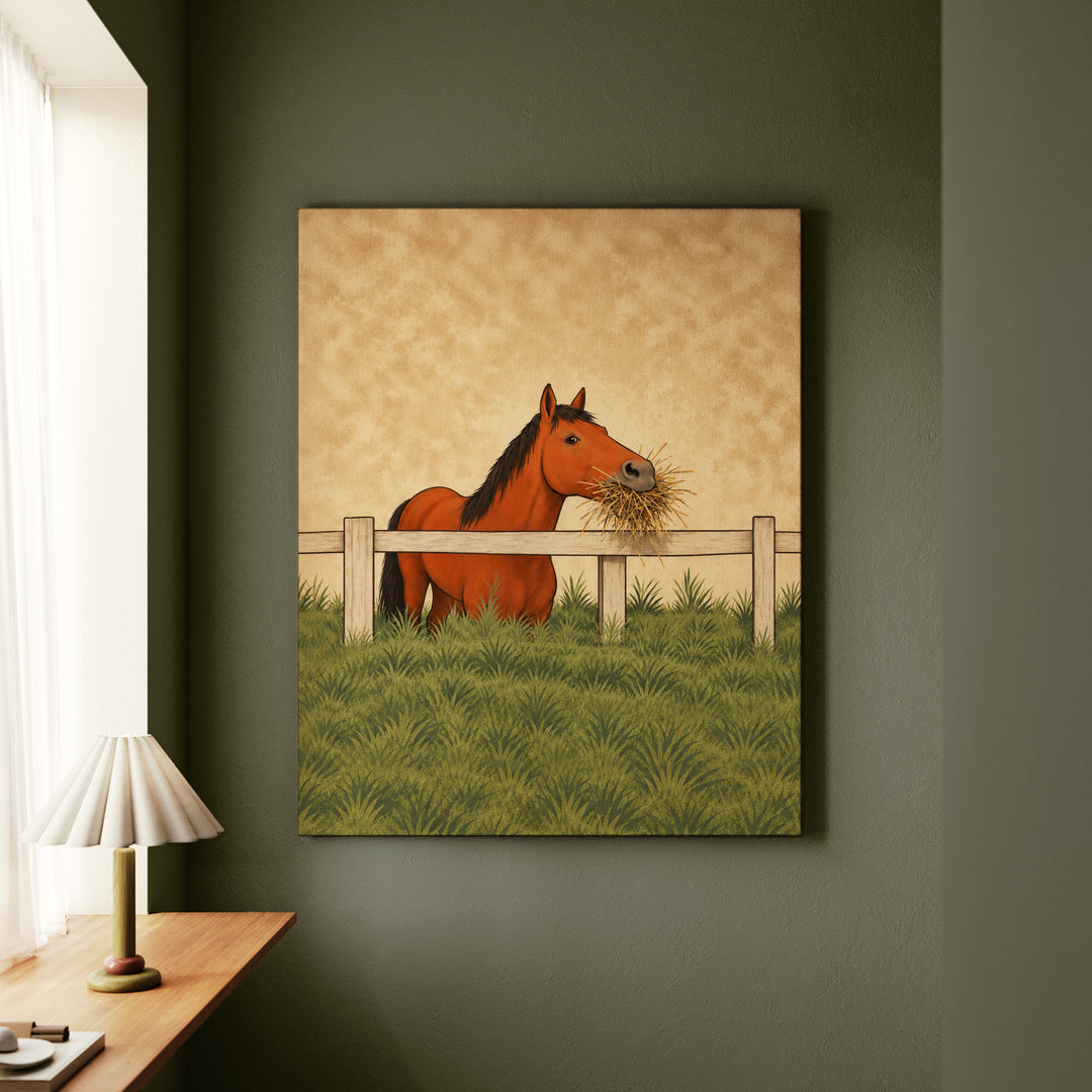 Hay There – Equestrian Art with a Fence Greeting and Full Mouth – Canvas / Framed Canvas