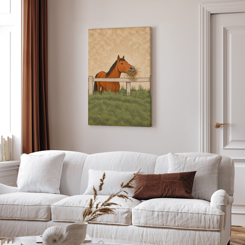 Hay There – Equestrian Art with a Fence Greeting and Full Mouth – Canvas Wall Art