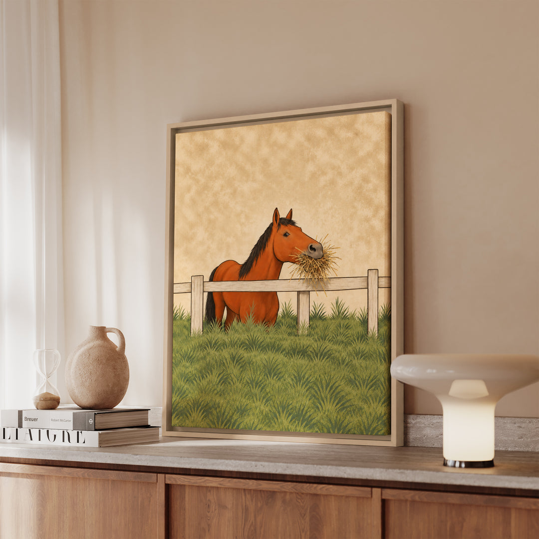Hay There – Equestrian Art with a Fence Greeting and Full Mouth – Framed Canvas Wall Art