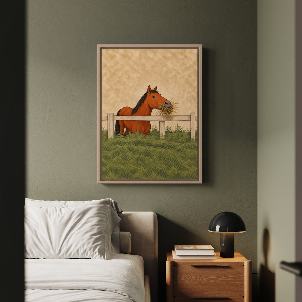 Hay There – Equestrian Art with a Fence Greeting and Full Mouth – Framed Canvas Wall Art