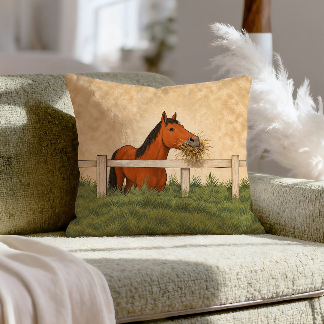 Hay There – Equestrian Art with a Fence Greeting and Full Mouth – Pillow / Cover