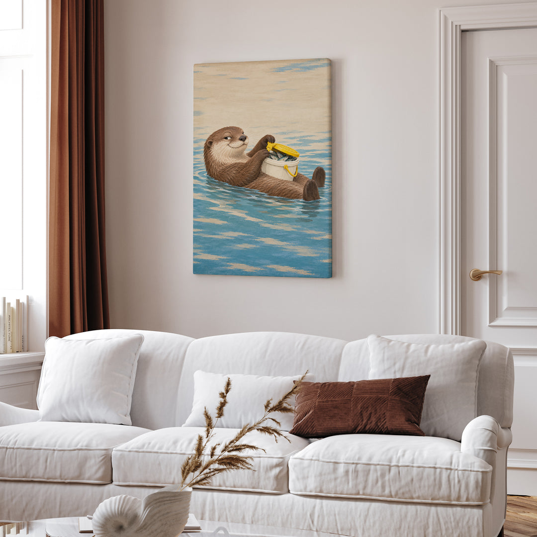 The Minnow Heist – Fishing Art with an Otter Cracking the Bait Bucket – Canvas Wall Art