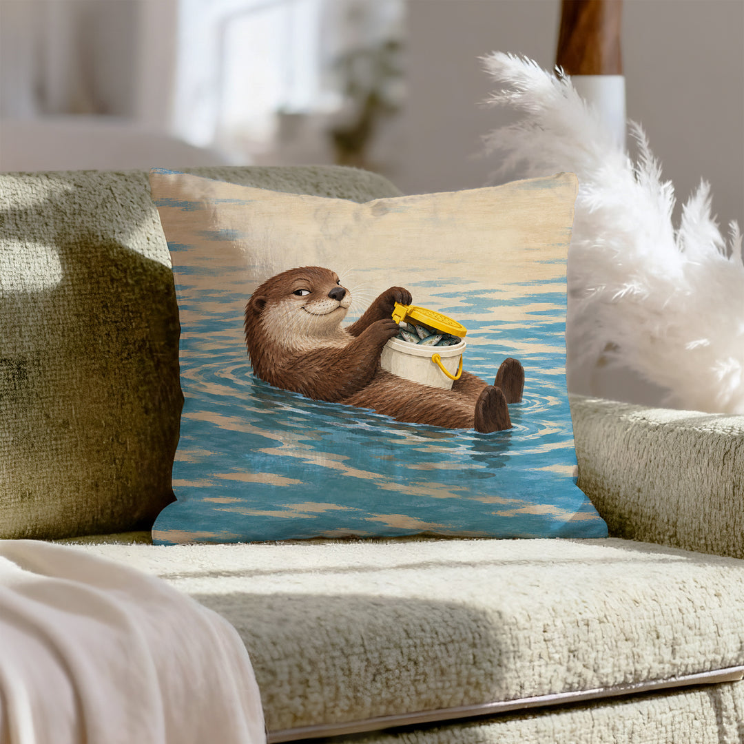 The Minnow Heist – Fishing Art with an Otter Cracking the Bait Bucket – Pillow / Cover