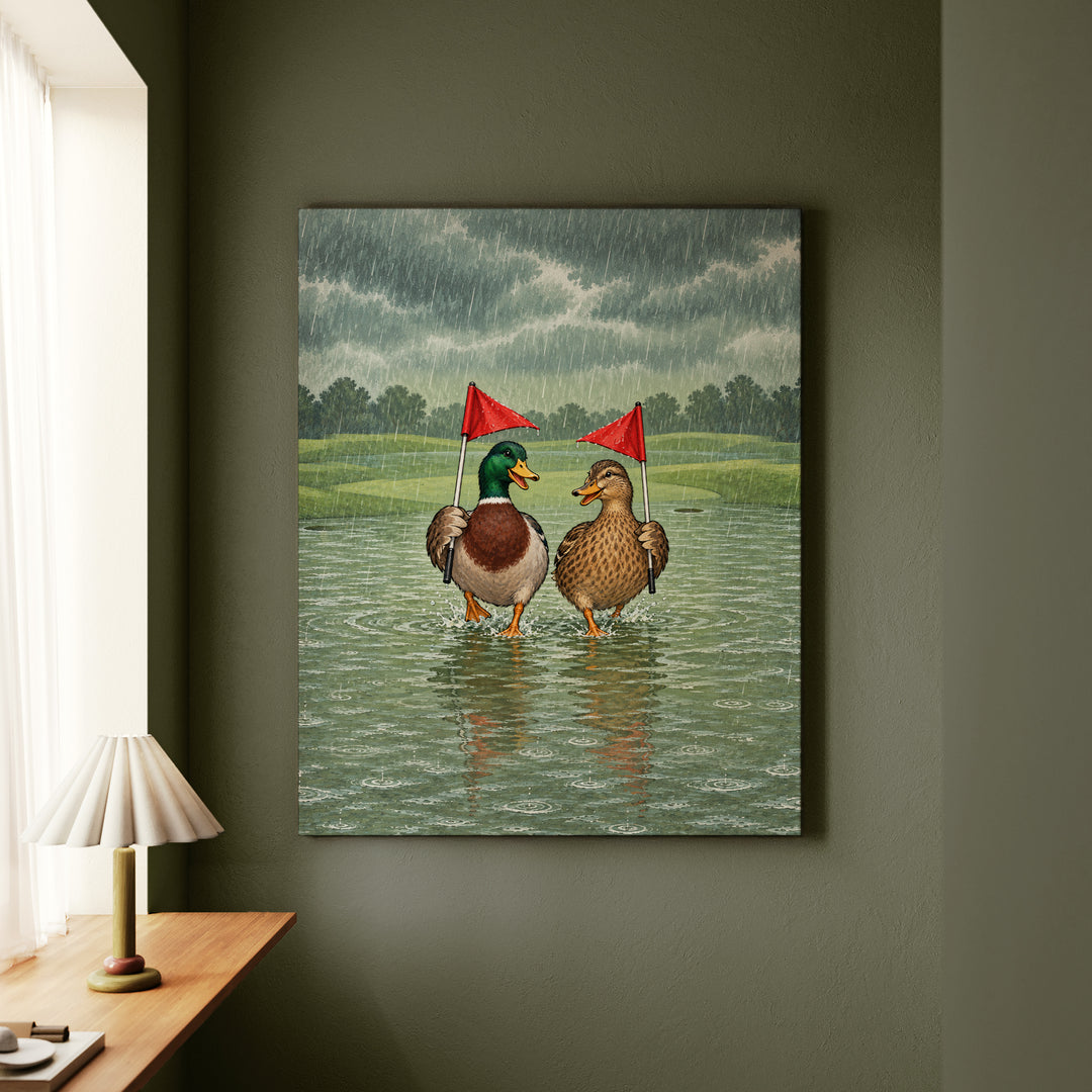 Rain Delay – Golf Wall Art with Two Ducks on a Flooded Green – Canvas Wall Art