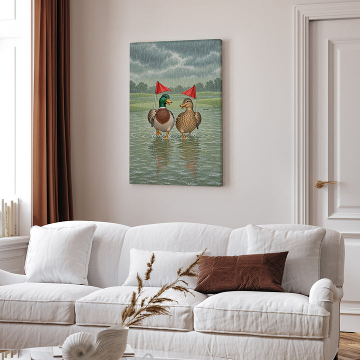 Rain Delay – Golf Wall Art with Two Ducks on a Flooded Green – Canvas Wall Art