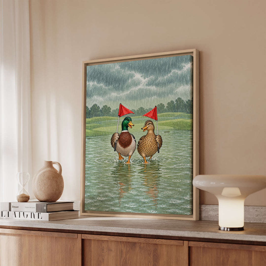 Rain Delay – Golf Wall Art with Two Ducks on a Flooded Green – Canvas / Framed Canvas