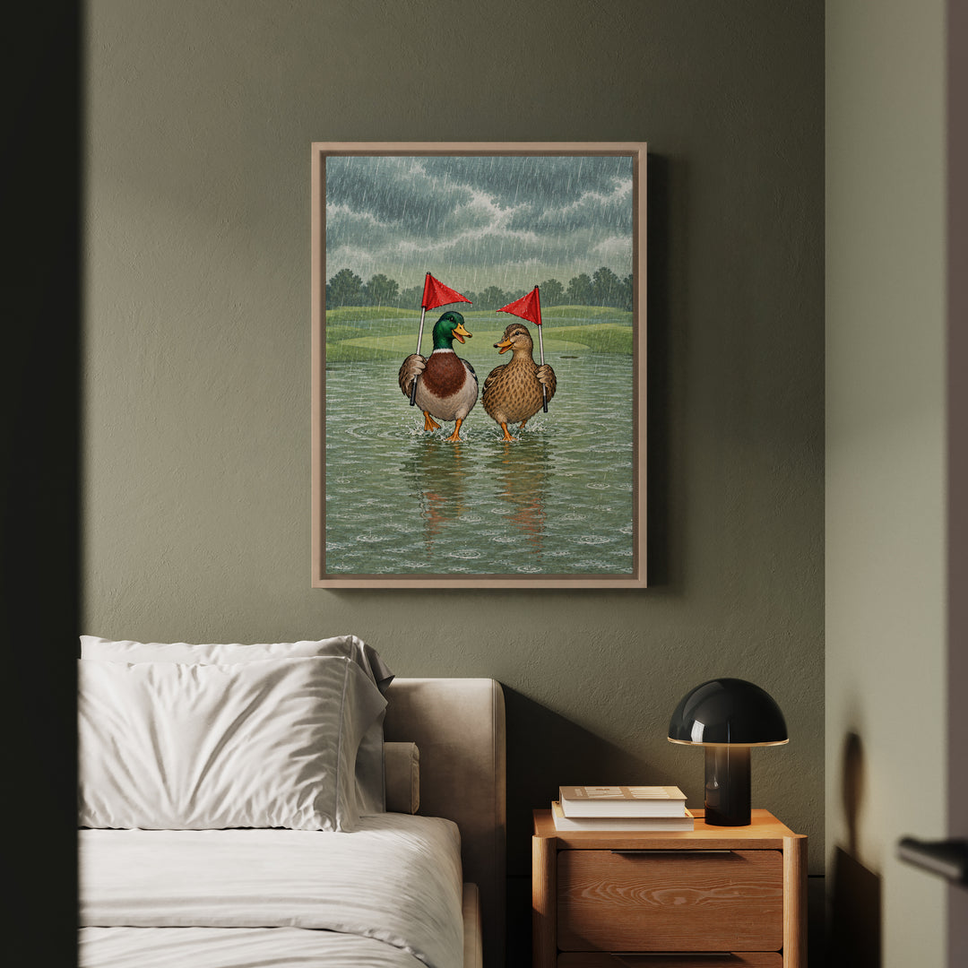Rain Delay – Golf Wall Art with Two Ducks on a Flooded Green – Canvas / Framed Canvas