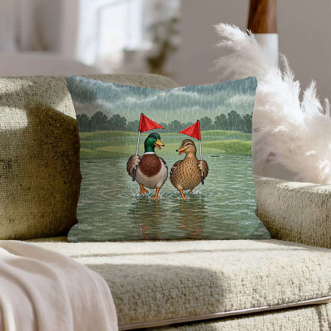 Rain Delay – Golf Decor with Two Ducks on a Flooded Green – Pillow Cover