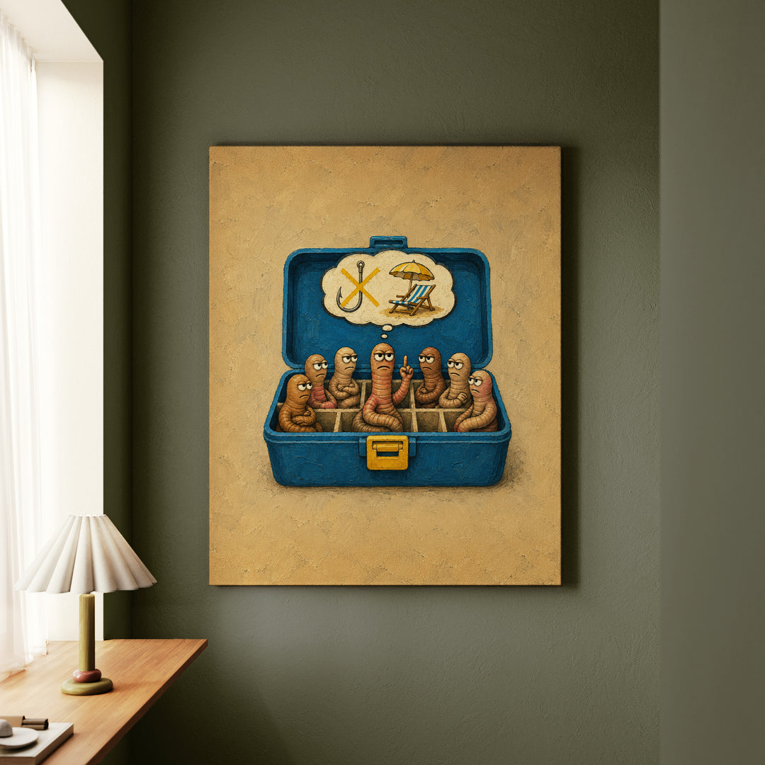 Worm Union Meeting – Fishing Art with Bait Worms Holding a Strike – Canvas Wall Art