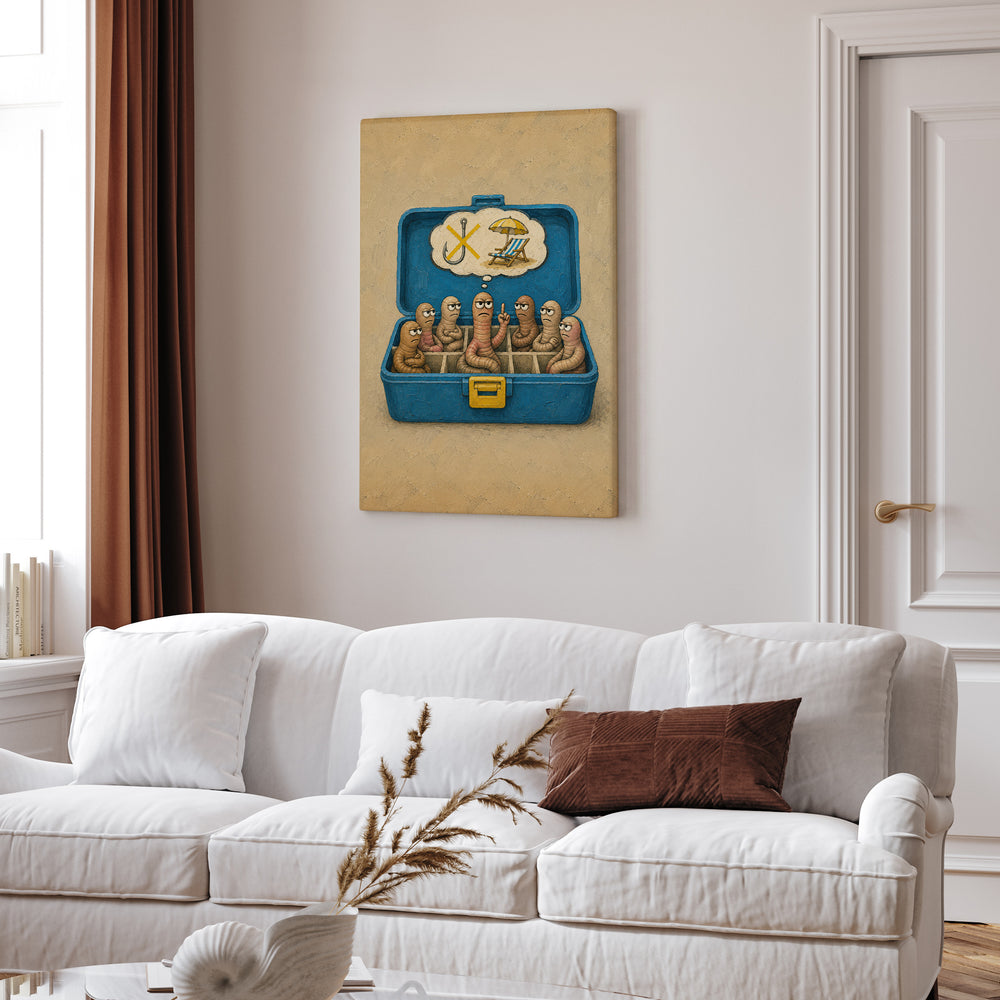 Worm Union Meeting – Fishing Art with Bait Worms Holding a Strike – Canvas Wall Art