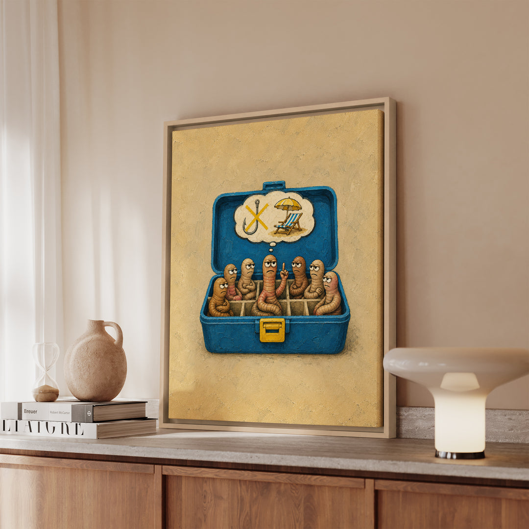 Worm Union Meeting – Fishing Art with Bait Worms Holding a Strike – Framed Canvas Wall Art