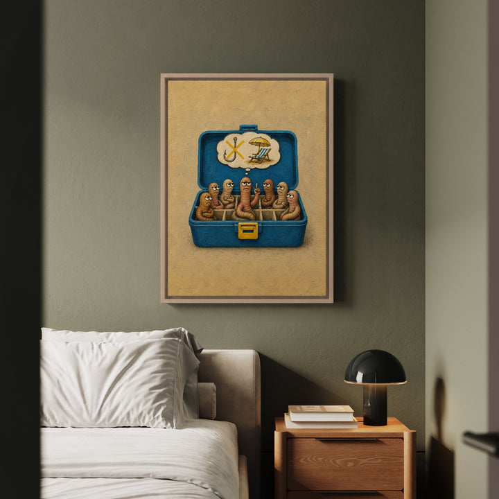 Worm Union Meeting – Fishing Art with Bait Worms Holding a Strike – Framed Canvas Wall Art