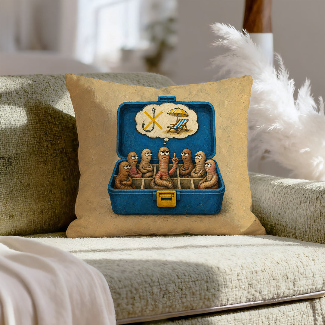 Worm Union Meeting – Fishing Decor with Bait Worms Holding a Strike – Throw Pillow