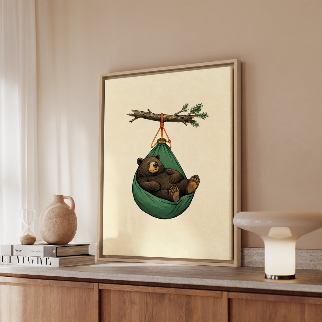 Bear Bag Fail – Bear Wall Art with a Hammock Swing on the Hoist – Framed Canvas Wall Art
