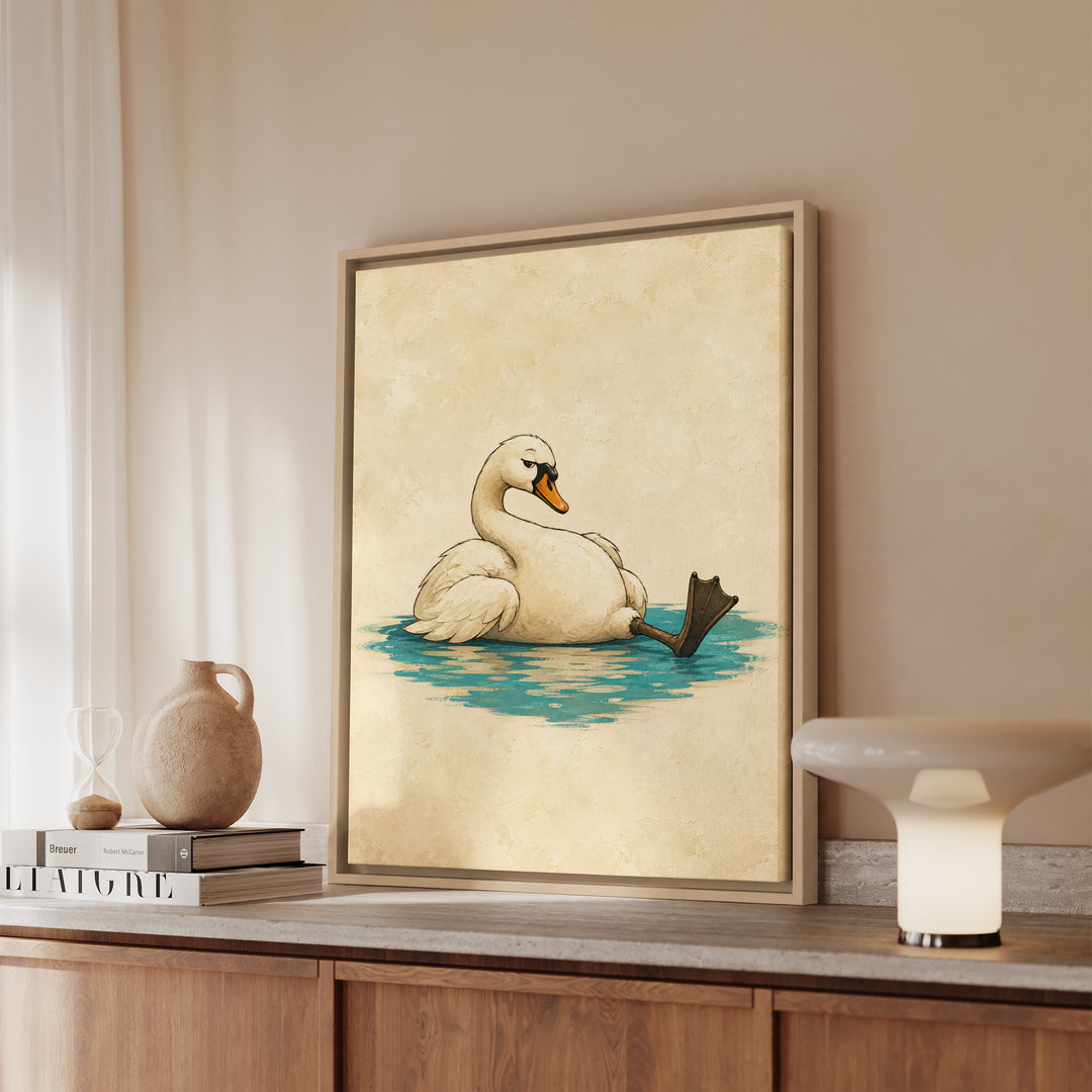Swan Lake, Off Duty – Swan Art with a Glorious Slouch and One Leg Out – Framed Canvas Wall Art