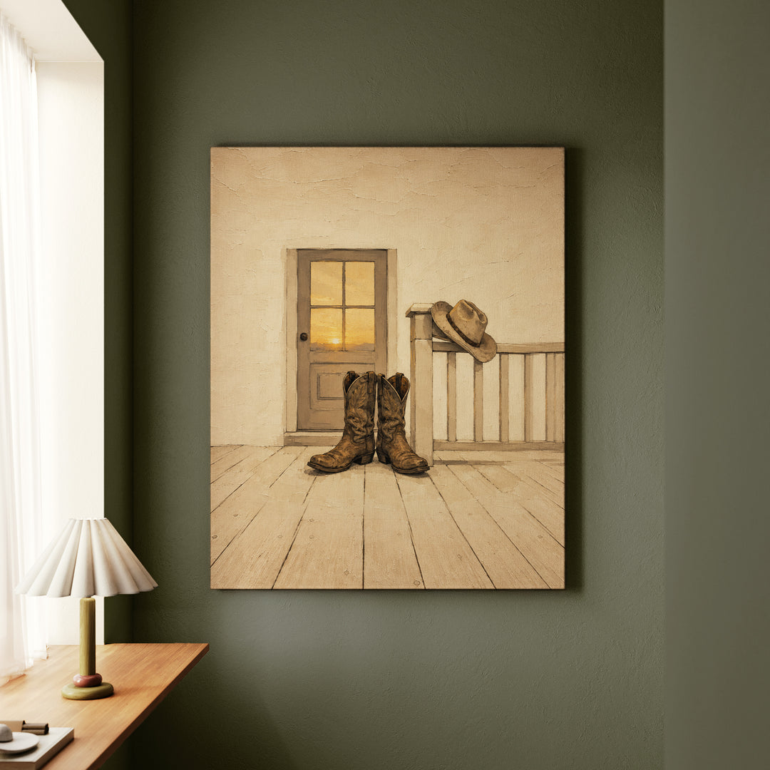 Boots Off The Porch – Western Wall Art with Worn Leather by the Door – Canvas Wall Art