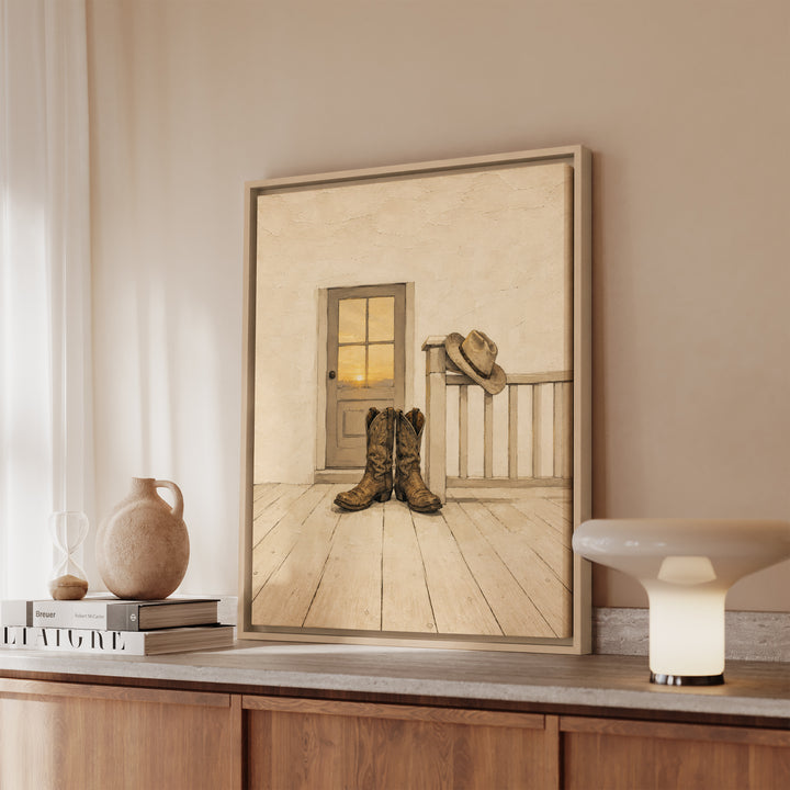 Boots Off The Porch – Western Wall Art with Worn Leather by the Door – Canvas / Framed Canvas