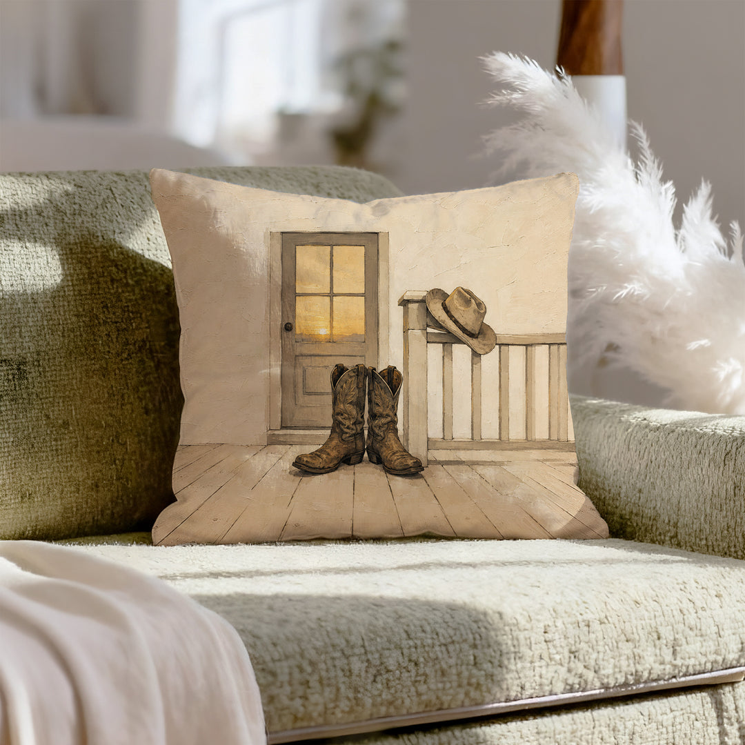 Boots Off The Porch – Western Decor with Worn Leather by the Door – Throw Pillow