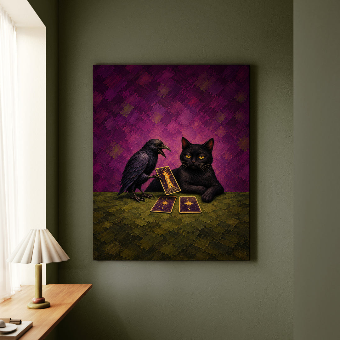 The Reading – Witchy Wall Art with a Raven Dealing Tarot Cards – Canvas Wall Art