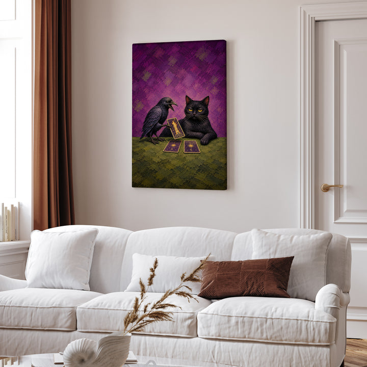 The Reading – Witchy Wall Art with a Raven Dealing Tarot Cards – Canvas / Framed Canvas