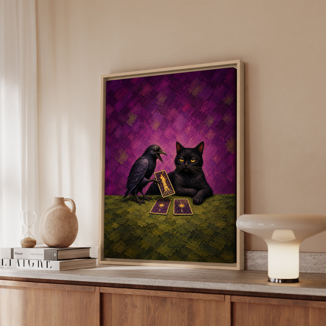 The Reading – Witchy Wall Art with a Raven Dealing Tarot Cards – Canvas / Framed Canvas