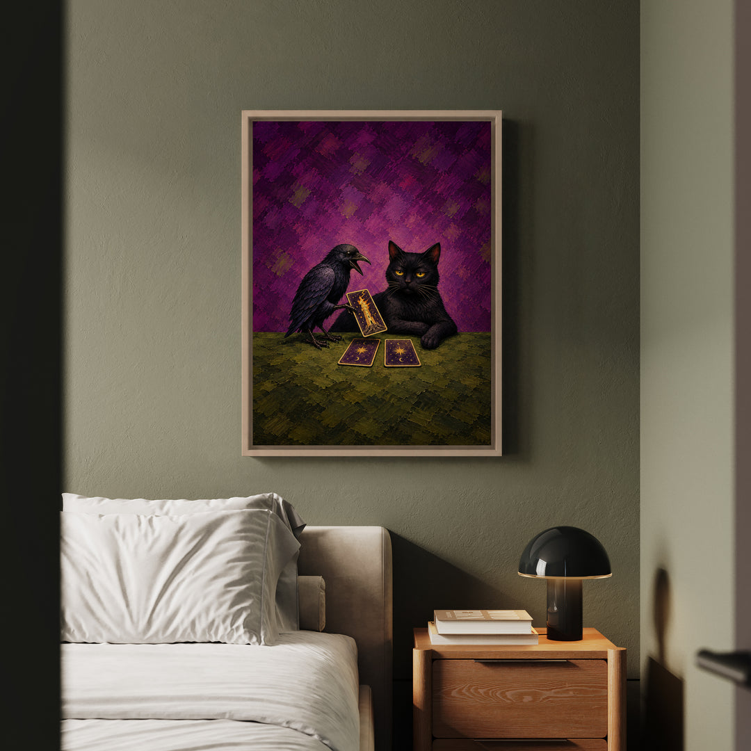 The Reading – Witchy Wall Art with a Raven Dealing Tarot Cards – Framed Canvas Wall Art