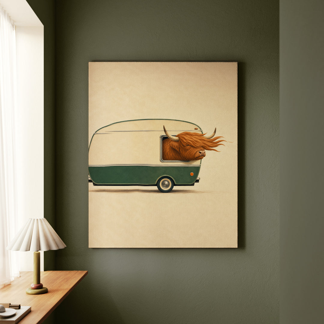 Happy Camper – Highland Cow Wall Art with a Vintage Trailer Window – Canvas Wall Art
