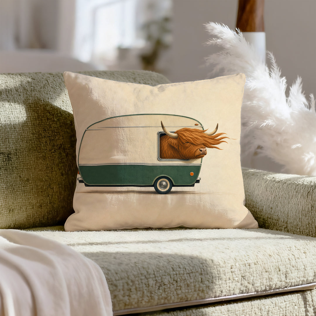 Happy Camper – Highland Cow Decor with a Vintage Trailer Window – Throw Pillow