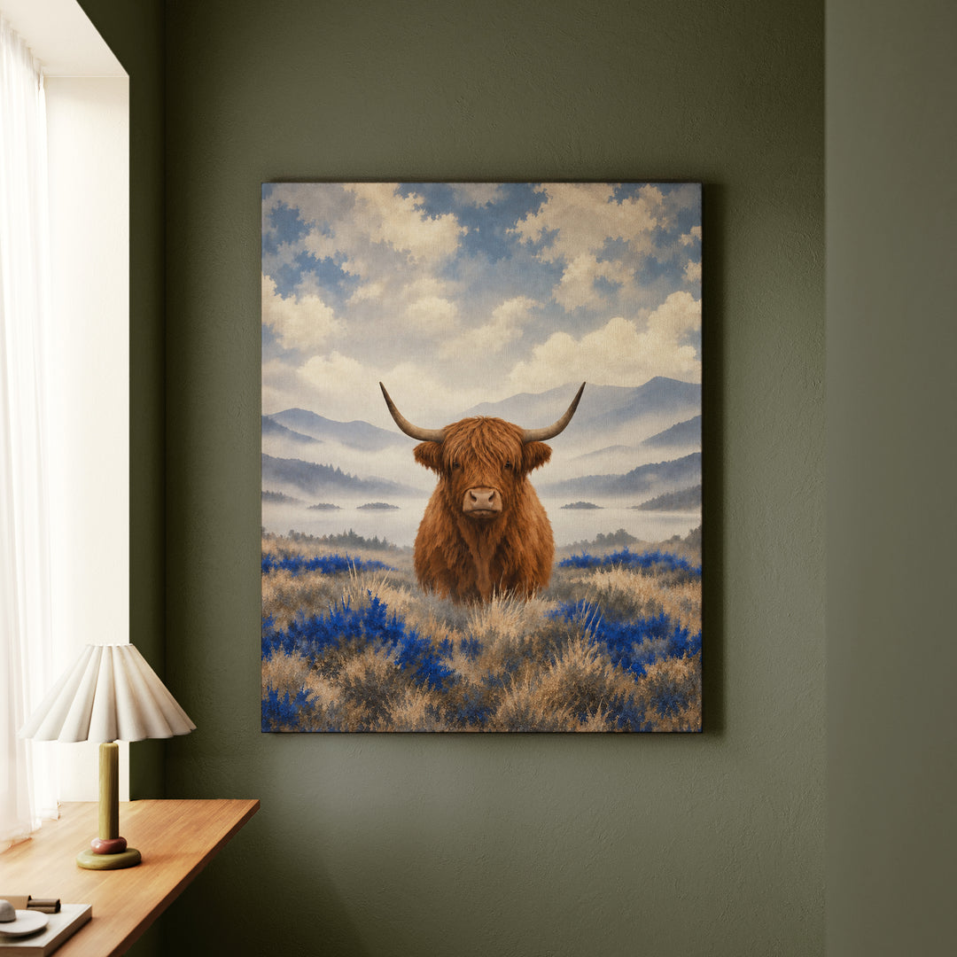 Morning Fog – Therapy Office Decor with a Highland Cow in Grey – Canvas Wall Art