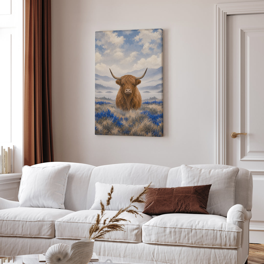 Morning Fog – Therapy Office Decor with a Highland Cow in Grey – Canvas / Framed Canvas
