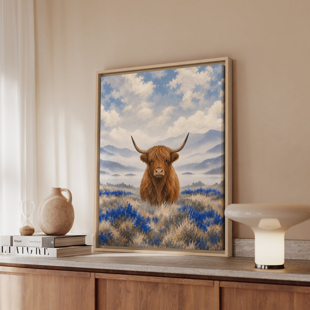 Morning Fog – Therapy Office Decor with a Highland Cow in Grey – Framed Canvas Wall Art