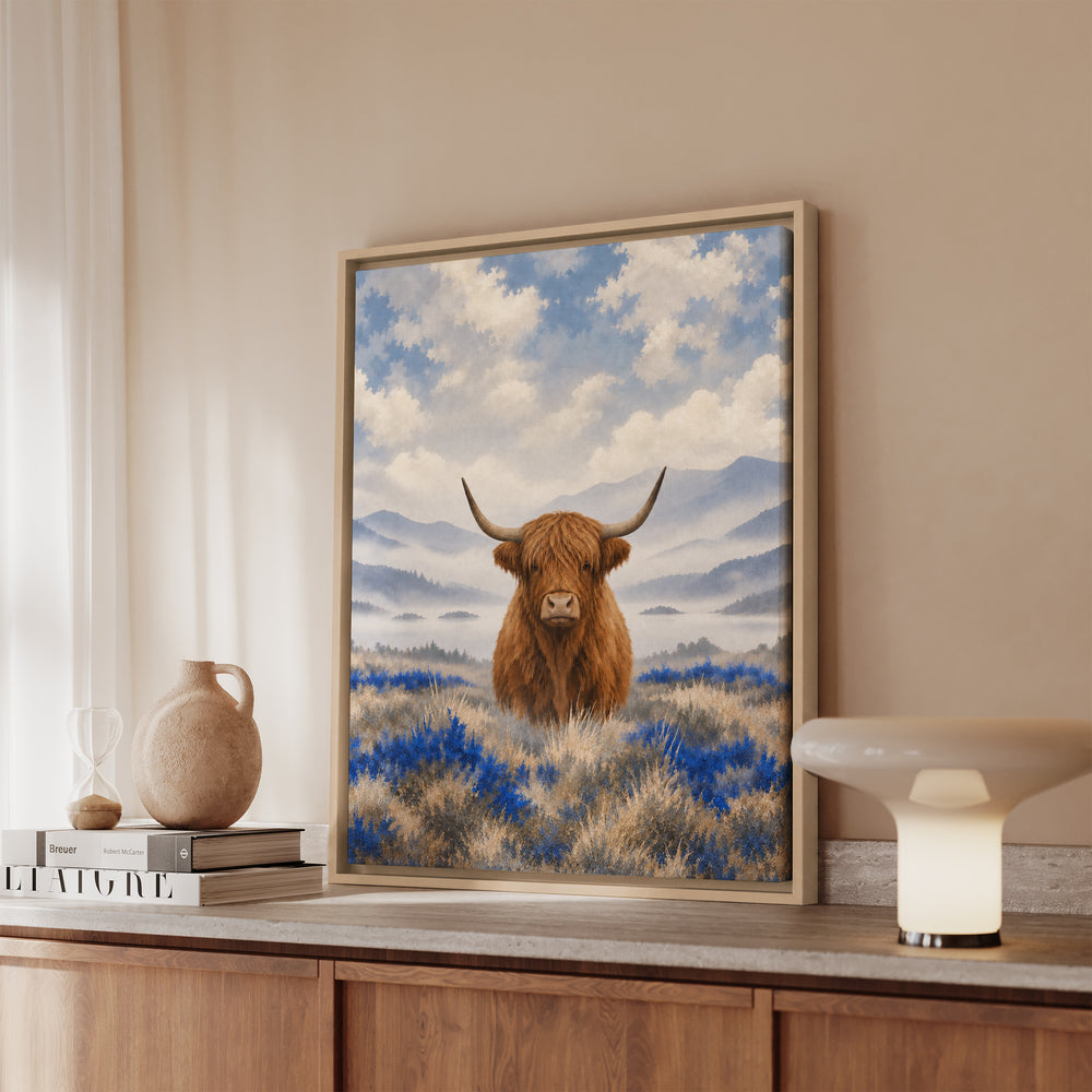 Morning Fog – Therapy Office Decor with a Highland Cow in Grey – Canvas / Framed Canvas