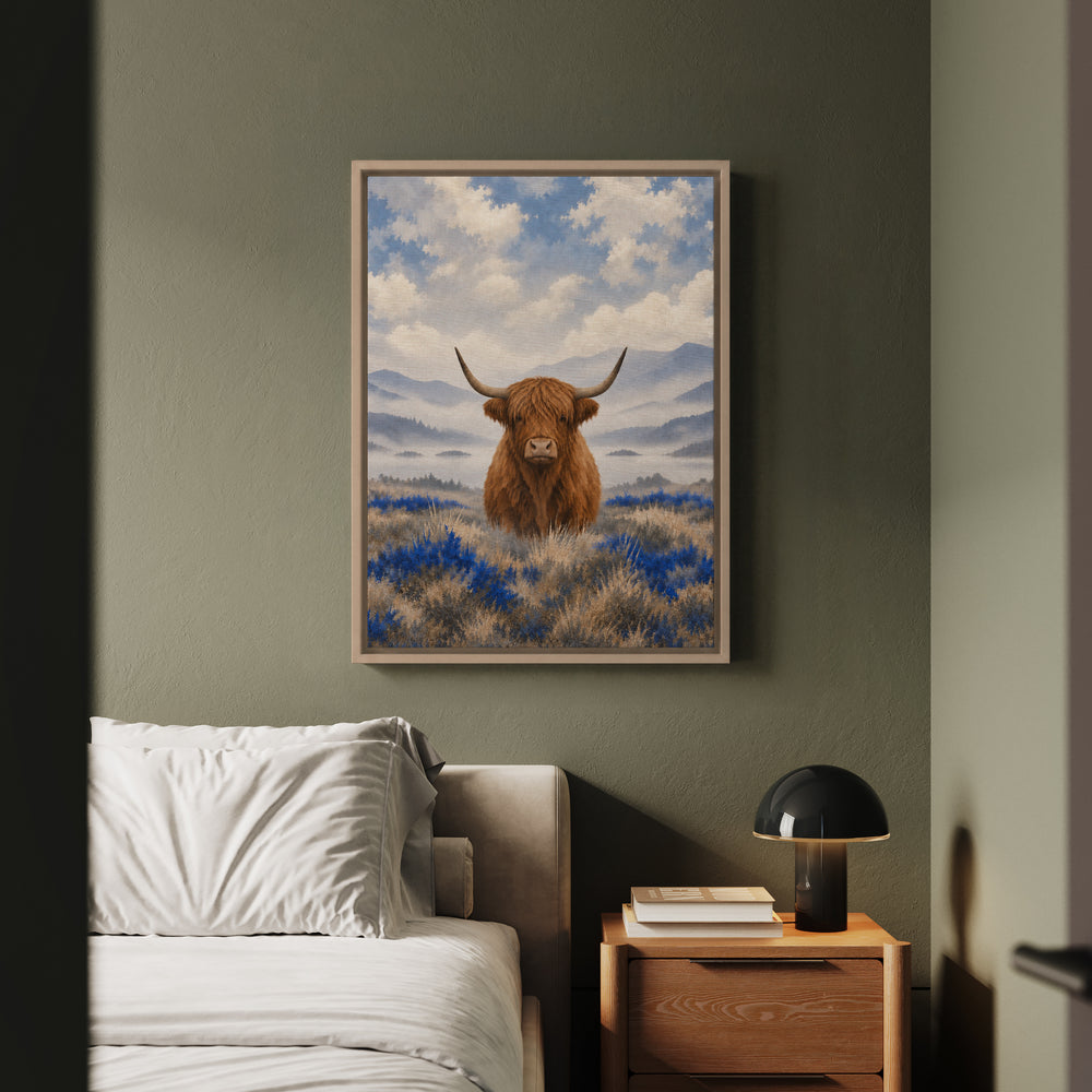 Morning Fog – Therapy Office Decor with a Highland Cow in Grey – Framed Canvas Wall Art