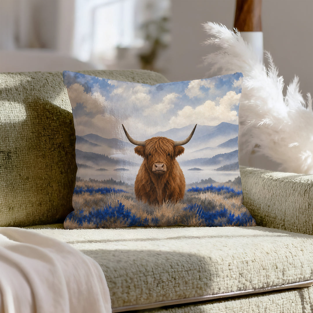 Morning Fog – Therapy Office Decor with a Highland Cow in Grey – Pillow Cover