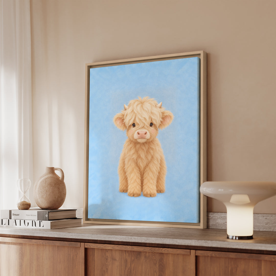 Little Highland – Nursery Wall Art with a Fluffy Calf and Tiny Horns – Framed Canvas Wall Art