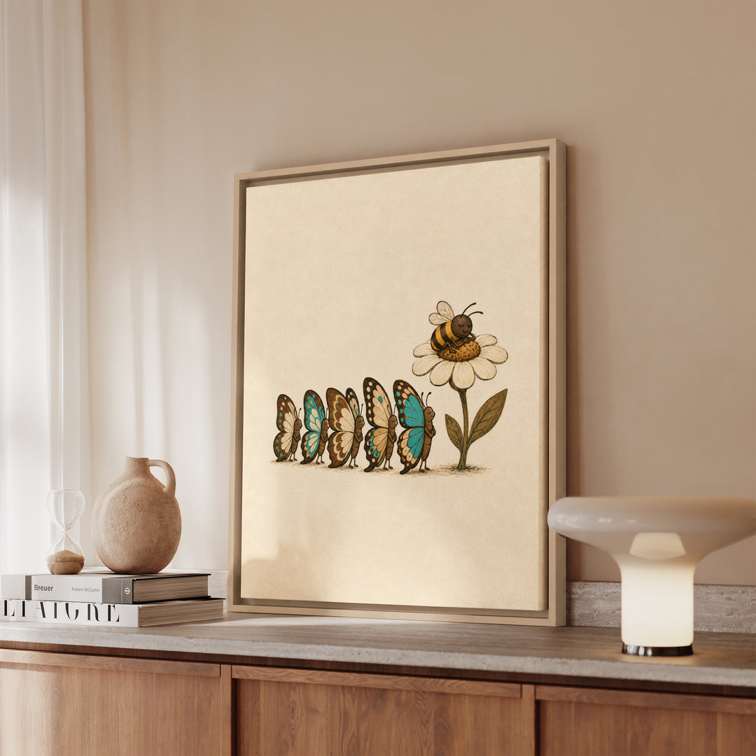 Butterfly Traffic – Butterfly Wall Art with a Queue at One Flower – Framed Canvas Wall Art