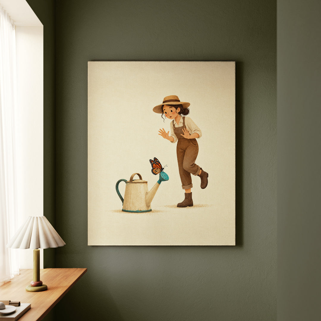 The Landing – Butterfly Art with a Monarch on a Watering Spout – Canvas Wall Art