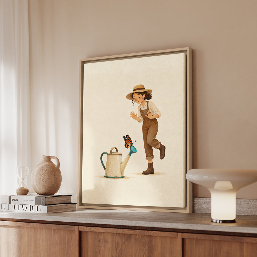 The Landing – Butterfly Art with a Monarch on a Watering Spout – Framed Canvas Wall Art