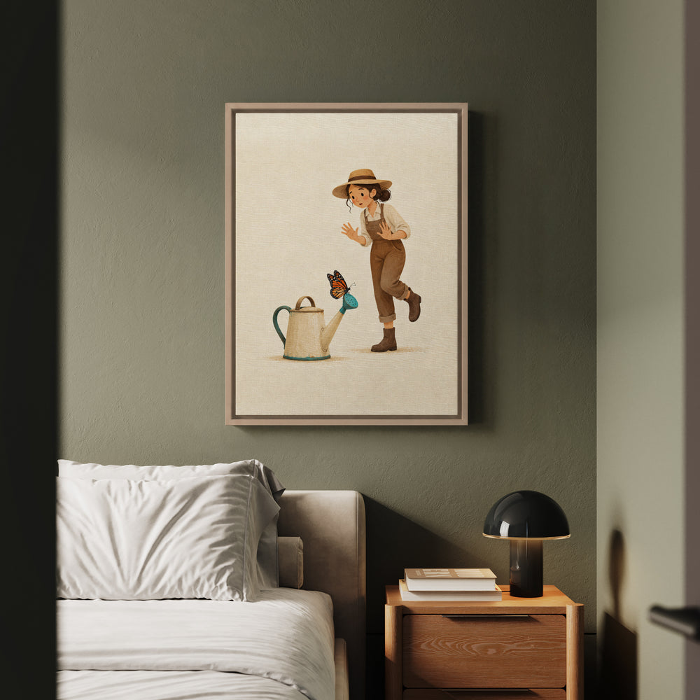 The Landing – Butterfly Art with a Monarch on a Watering Spout – Framed Canvas Wall Art