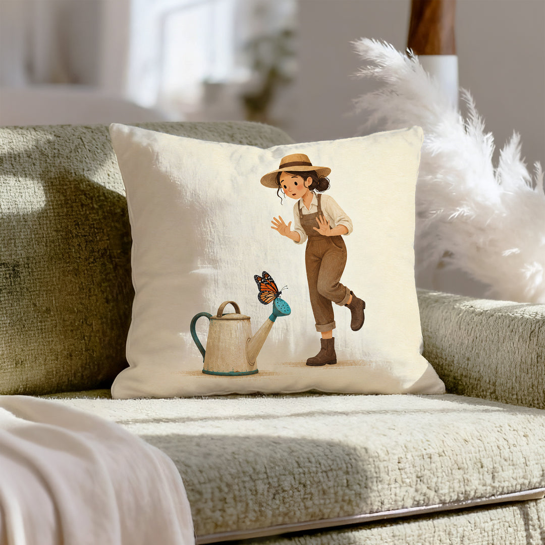 The Landing – Butterfly Decor with a Monarch on a Watering Spout – Throw Pillow