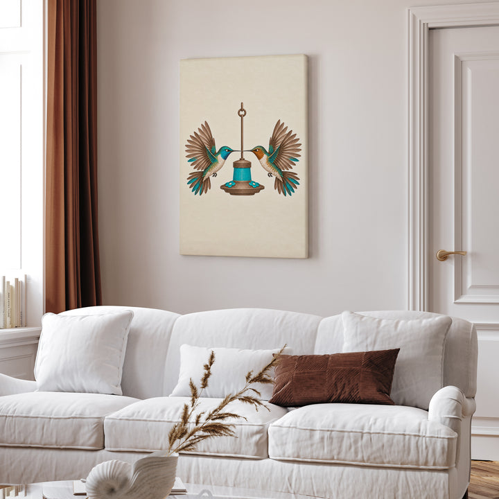 Hummingbird Standoff – Hummingbird Art with Two Hovering at One Feeder – Canvas Wall Art