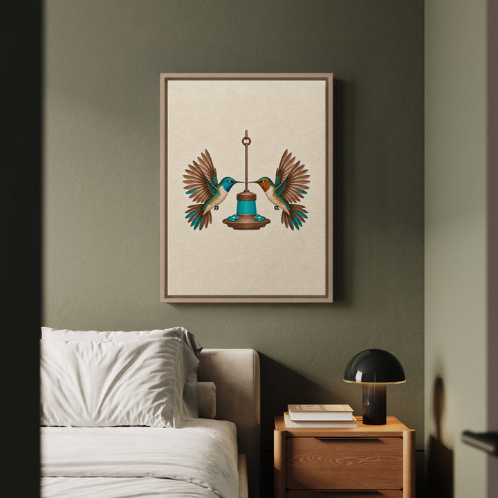 Hummingbird Standoff – Hummingbird Art with Two Hovering at One Feeder – Framed Canvas Wall Art