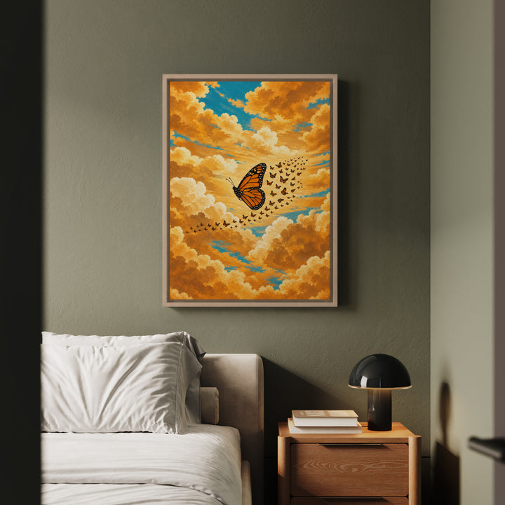 Monarch Season – Butterfly Painting with a Migration Cloud at Dawn – Framed Canvas Wall Art