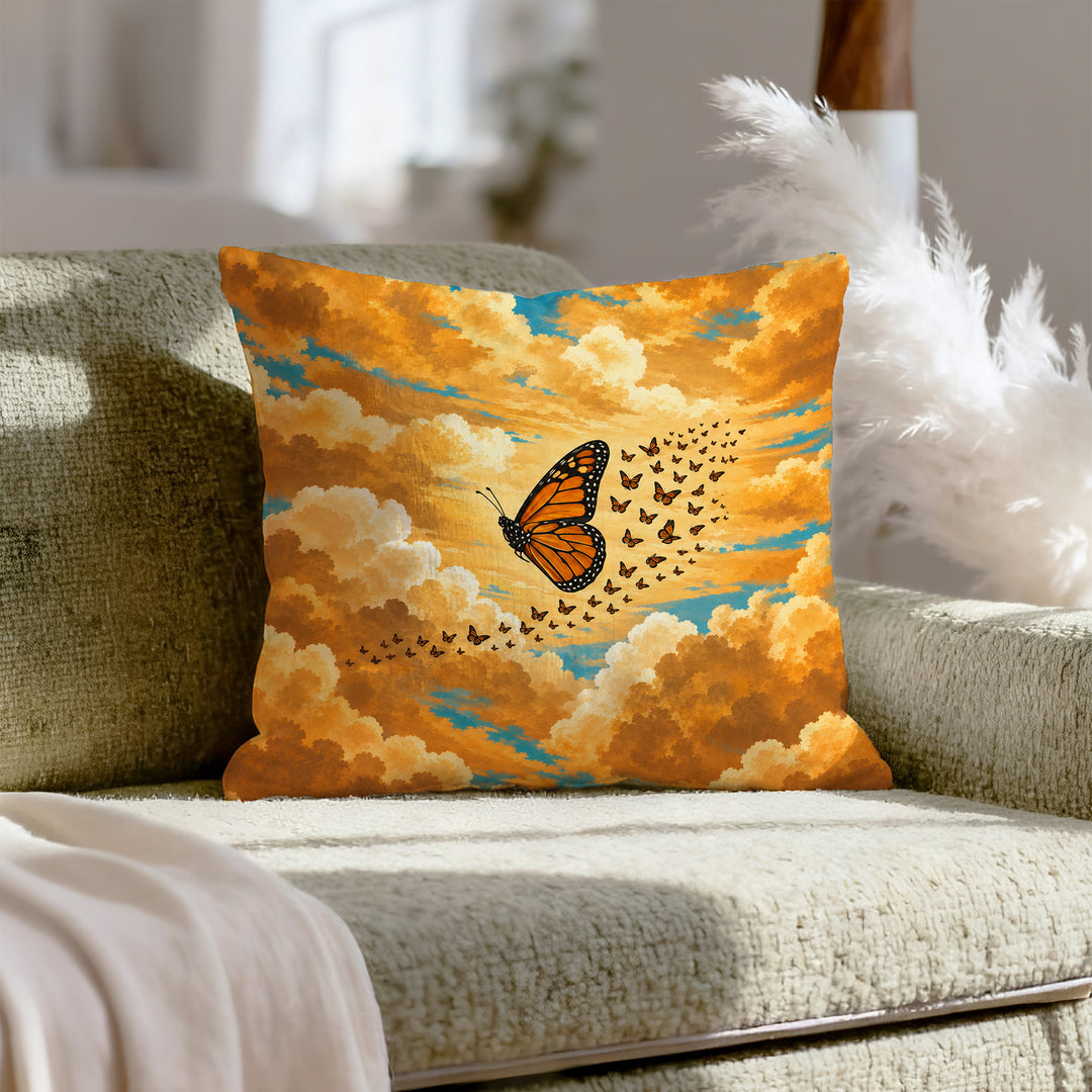 Monarch Season – Butterfly Decor with a Migration Cloud at Dawn – Throw Pillow